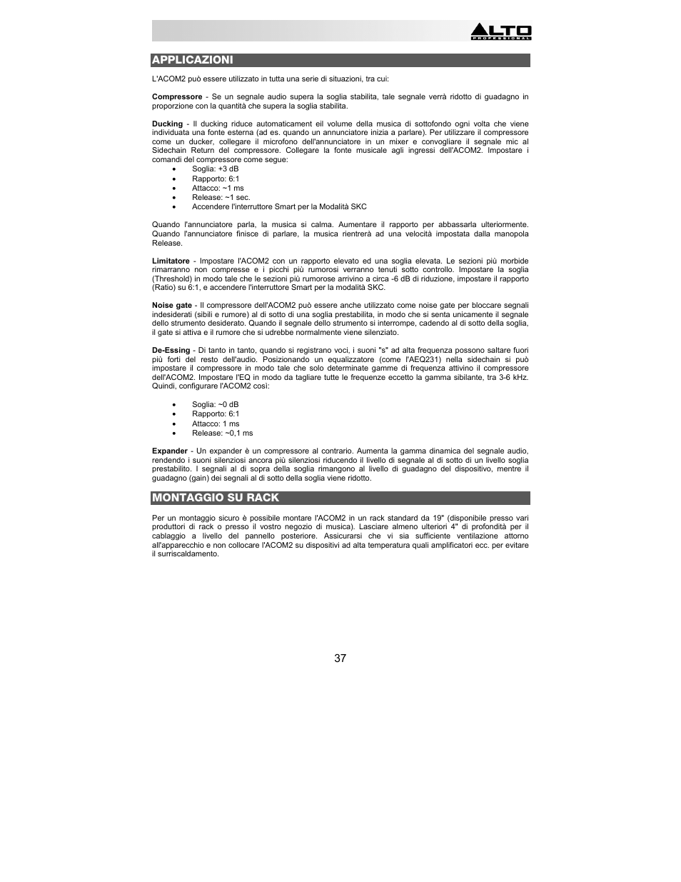37 applicazioni, Montaggio su rack | Alto Professional ACOM2 User Manual | Page 37 / 60
