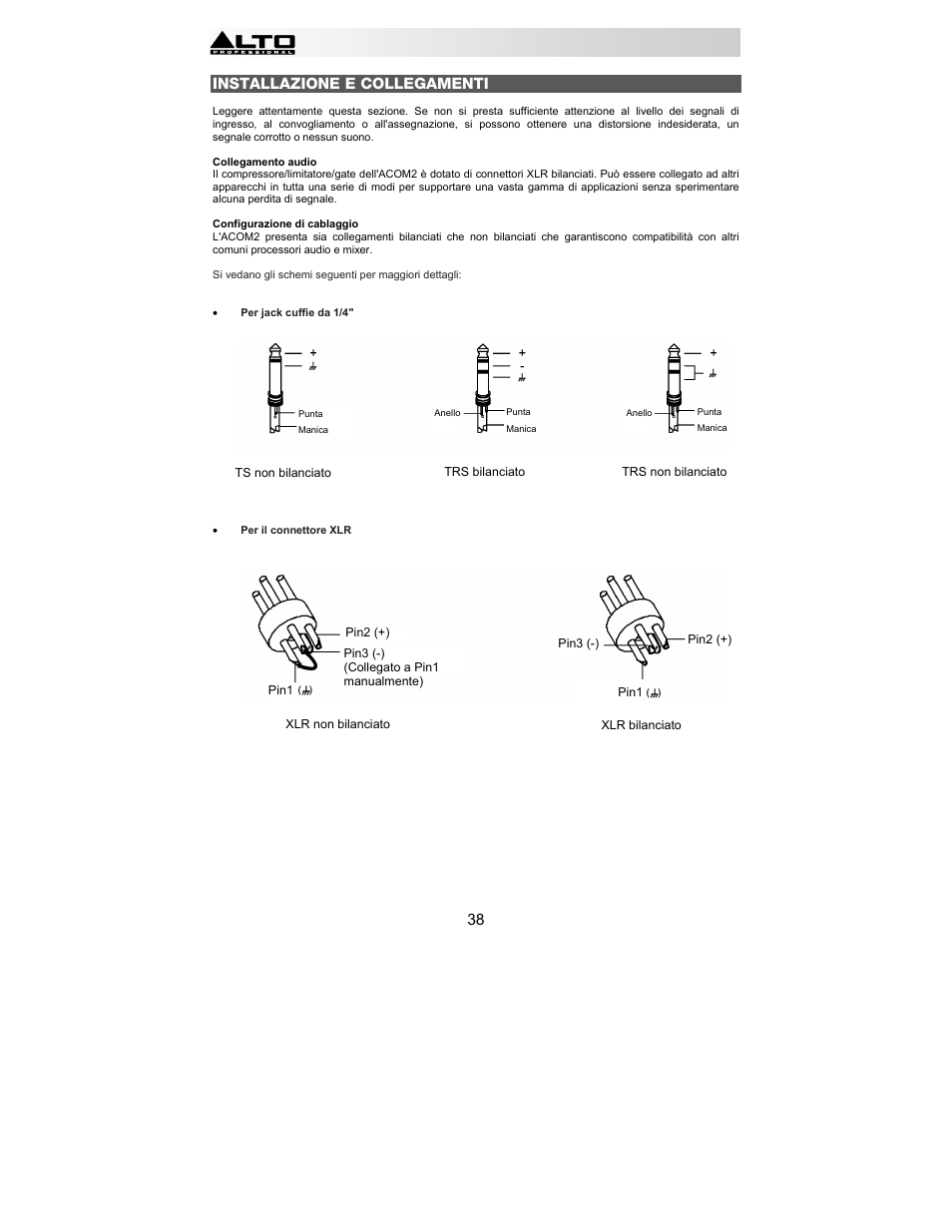 38 installazione e collegamenti | Alto Professional ACOM2 User Manual | Page 38 / 60