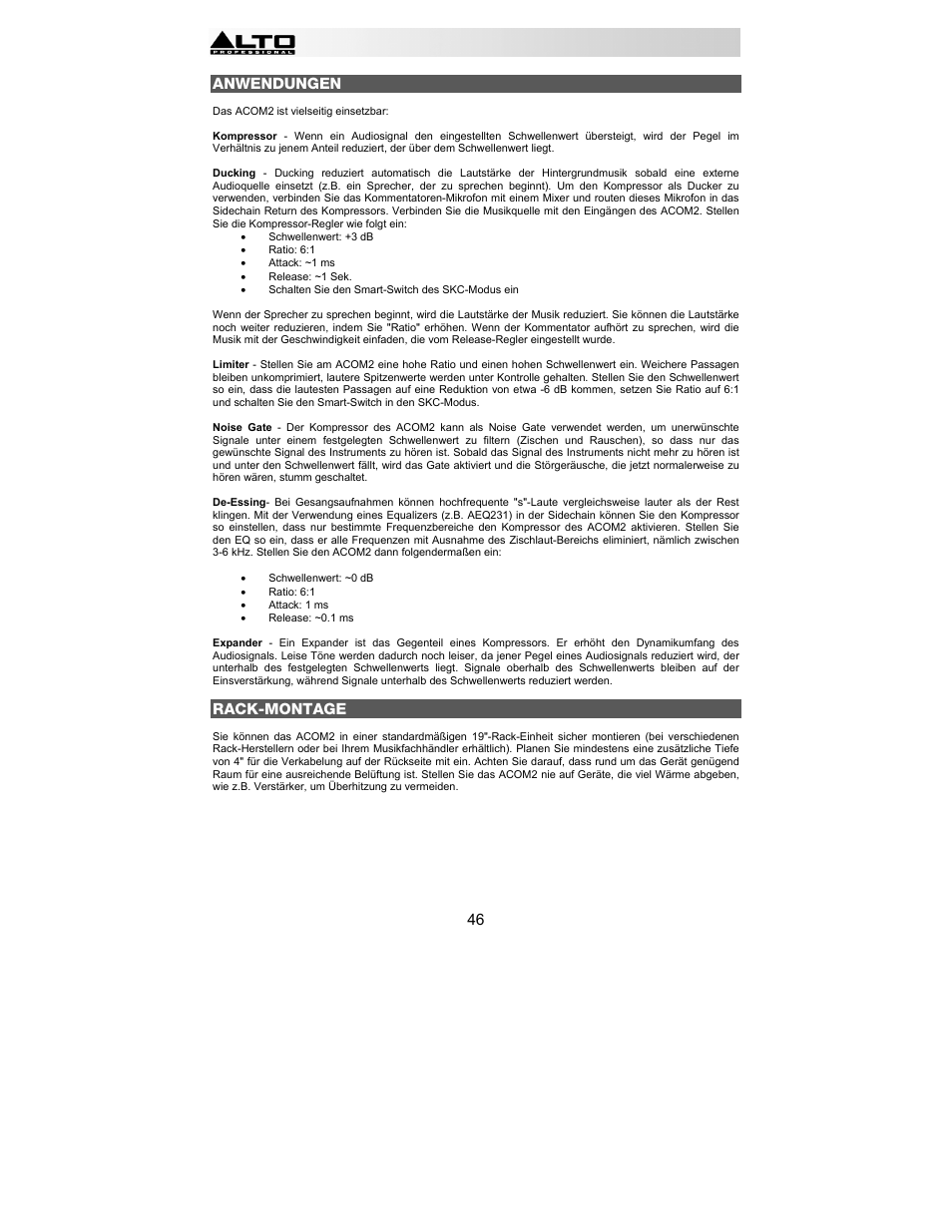 46 anwendungen, Rack-montage | Alto Professional ACOM2 User Manual | Page 46 / 60