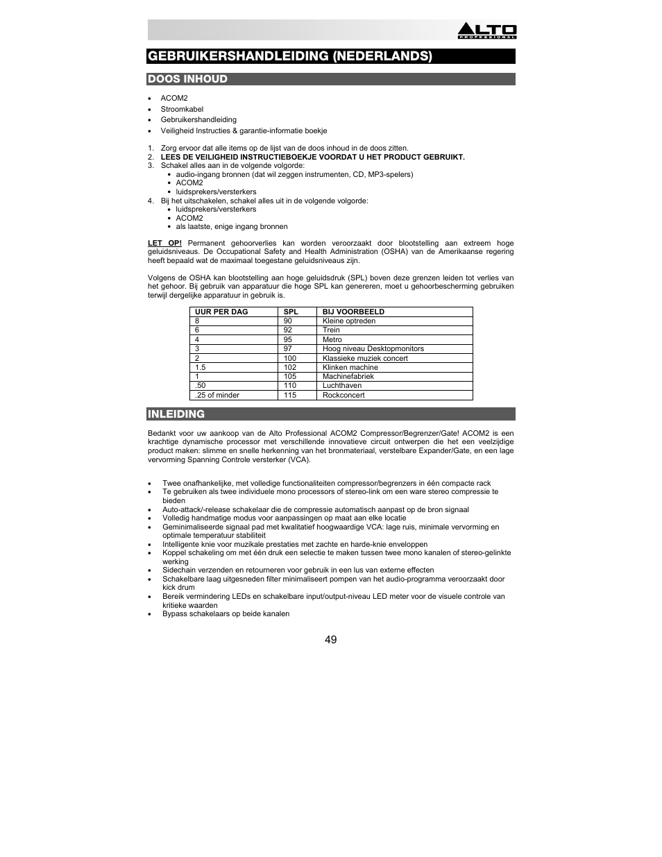 Gebruikershandleiding (nederlands), Doos inhoud, Inleiding | Alto Professional ACOM2 User Manual | Page 49 / 60