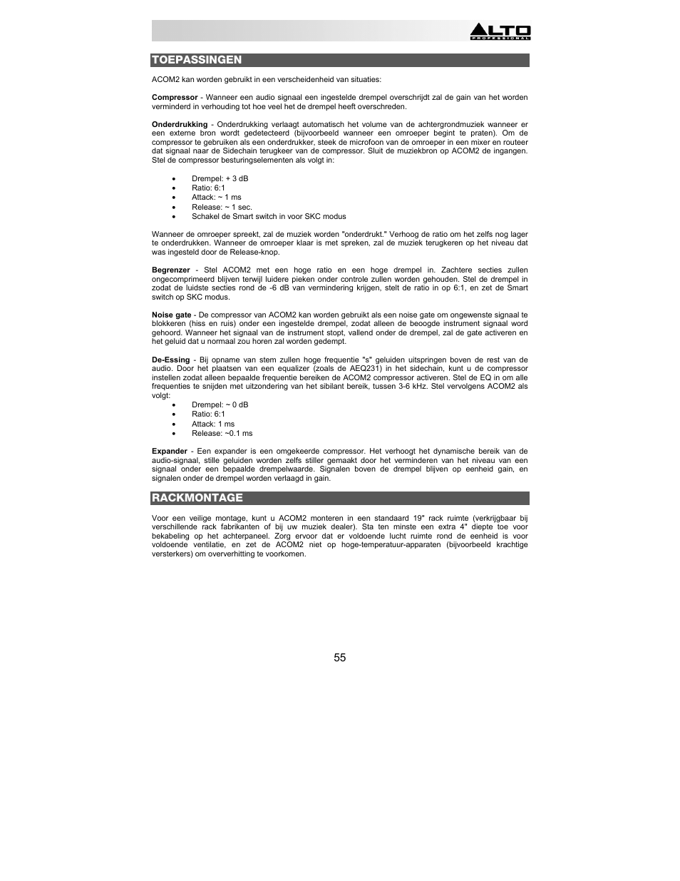 55 toepassingen, Rackmontage | Alto Professional ACOM2 User Manual | Page 55 / 60