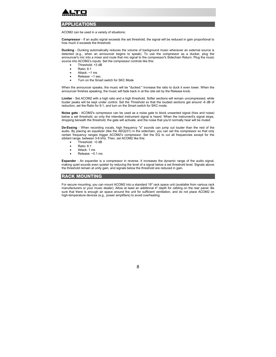Applications, Rack mounting | Alto Professional ACOM2 User Manual | Page 8 / 60