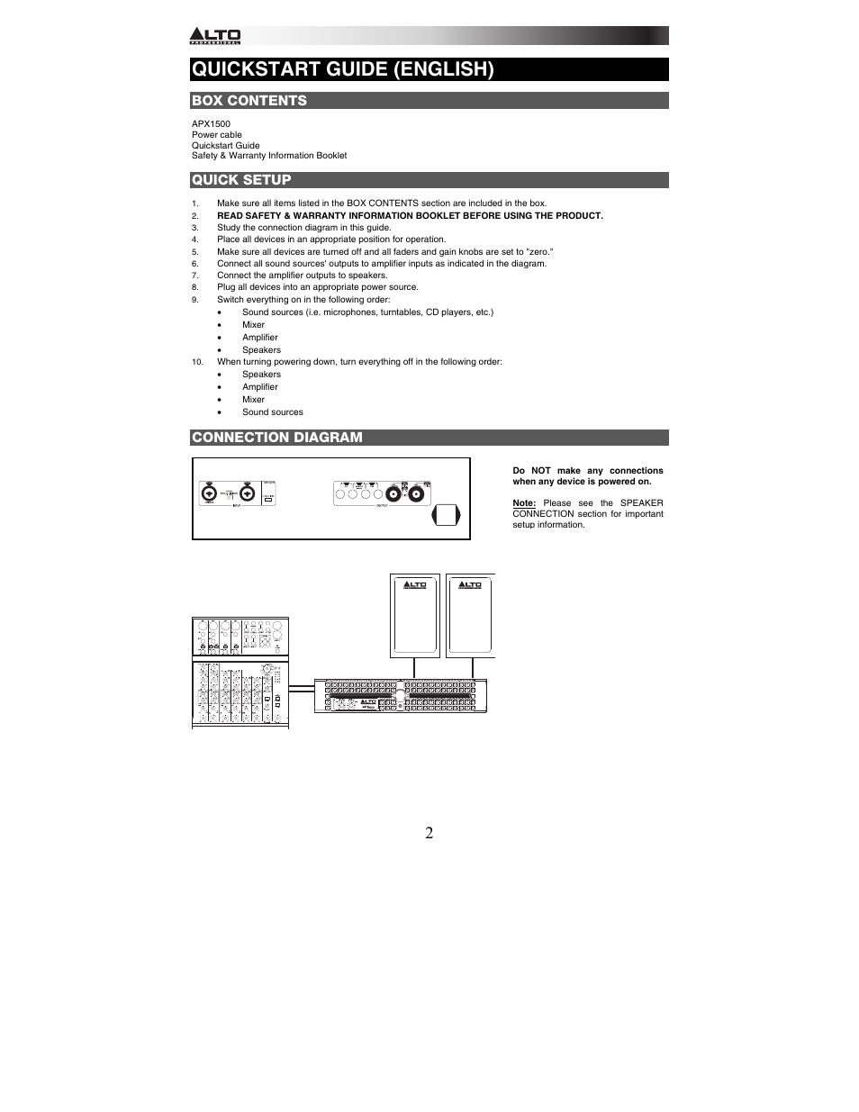 Quickstart guide (english), Box contents, Quick setup | Connection diagram | Alto Professional APX1500 User Manual | Page 2 / 8