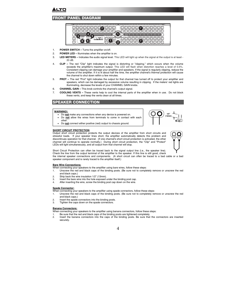 Front panel diagram, Speaker connection | Alto Professional APX1500 User Manual | Page 4 / 8