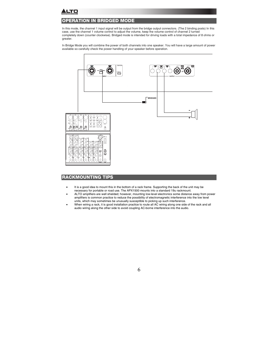 Operation in bridged mode, Rackmounting tips | Alto Professional APX1500 User Manual | Page 6 / 8