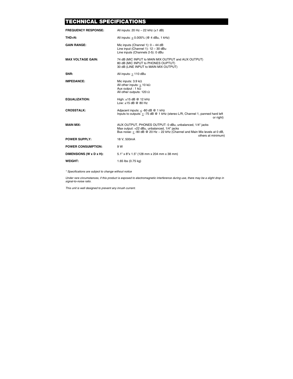 Technical specifications | Alto Professional ZMX52 User Manual | Page 15 / 16