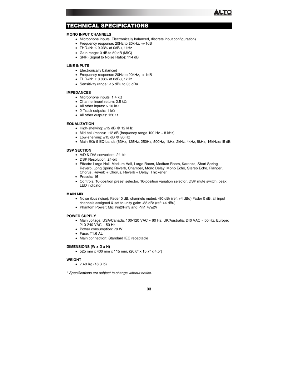 Technical specifications | Alto Professional ZMX164FX USB User Manual | Page 33 / 36