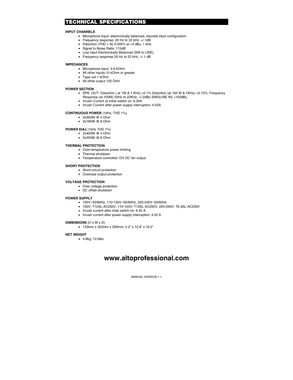 Technical specifications | Alto Professional TMX80DFX User Manual | Page 28 / 28