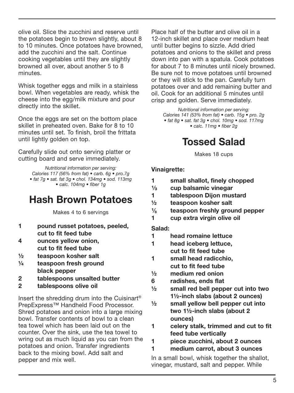 Hash brown potatoes, Tossed salad | Cuisinart HFP-300 User Manual | Page 14 / 21