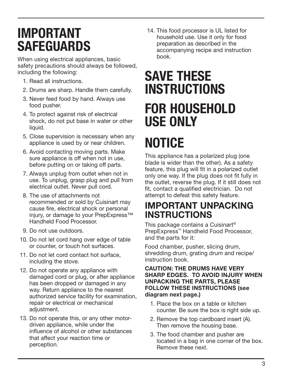 Important safeguards, Important unpacking instructions | Cuisinart HFP-300 User Manual | Page 3 / 21