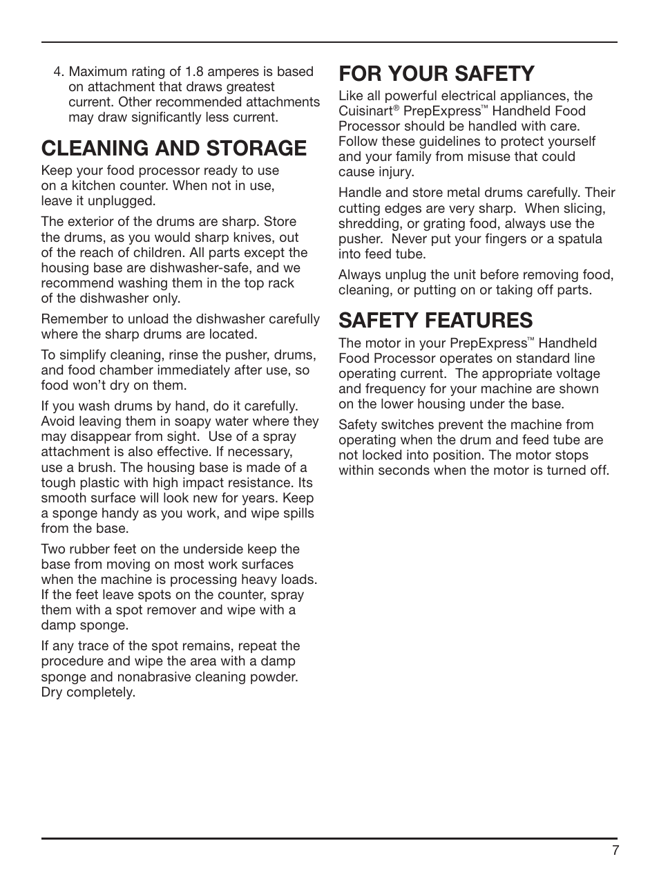 Cleaning and storage, For your safety, Safety features | Cuisinart HFP-300 User Manual | Page 7 / 21