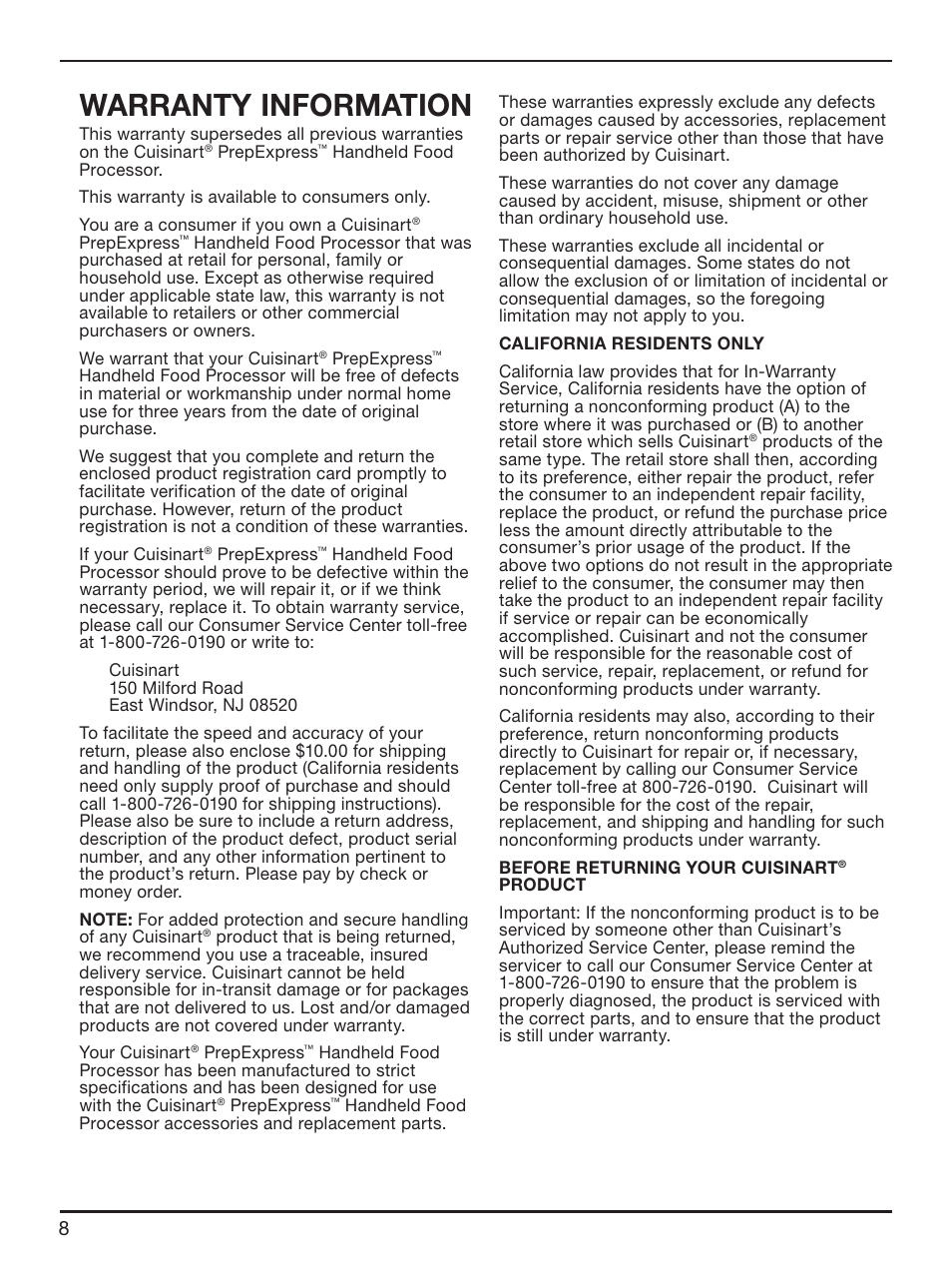 Warranty information | Cuisinart HFP-300 User Manual | Page 8 / 21