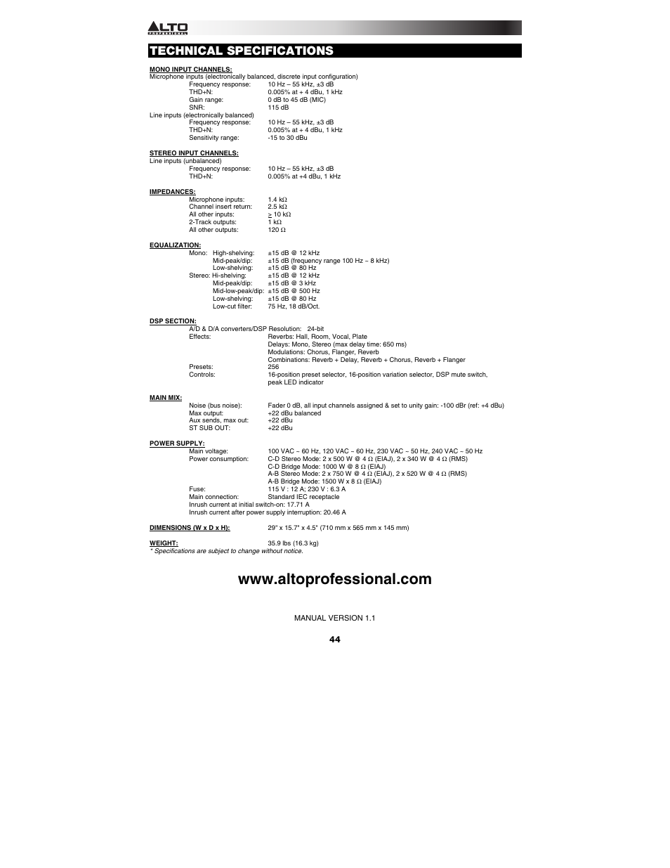 Technical specifications | Alto Professional TMX200DFX User Manual | Page 44 / 44