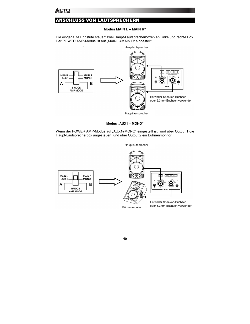 Anschluss von lautsprechern | Alto Professional TMX120DFX User Manual | Page 40 / 52