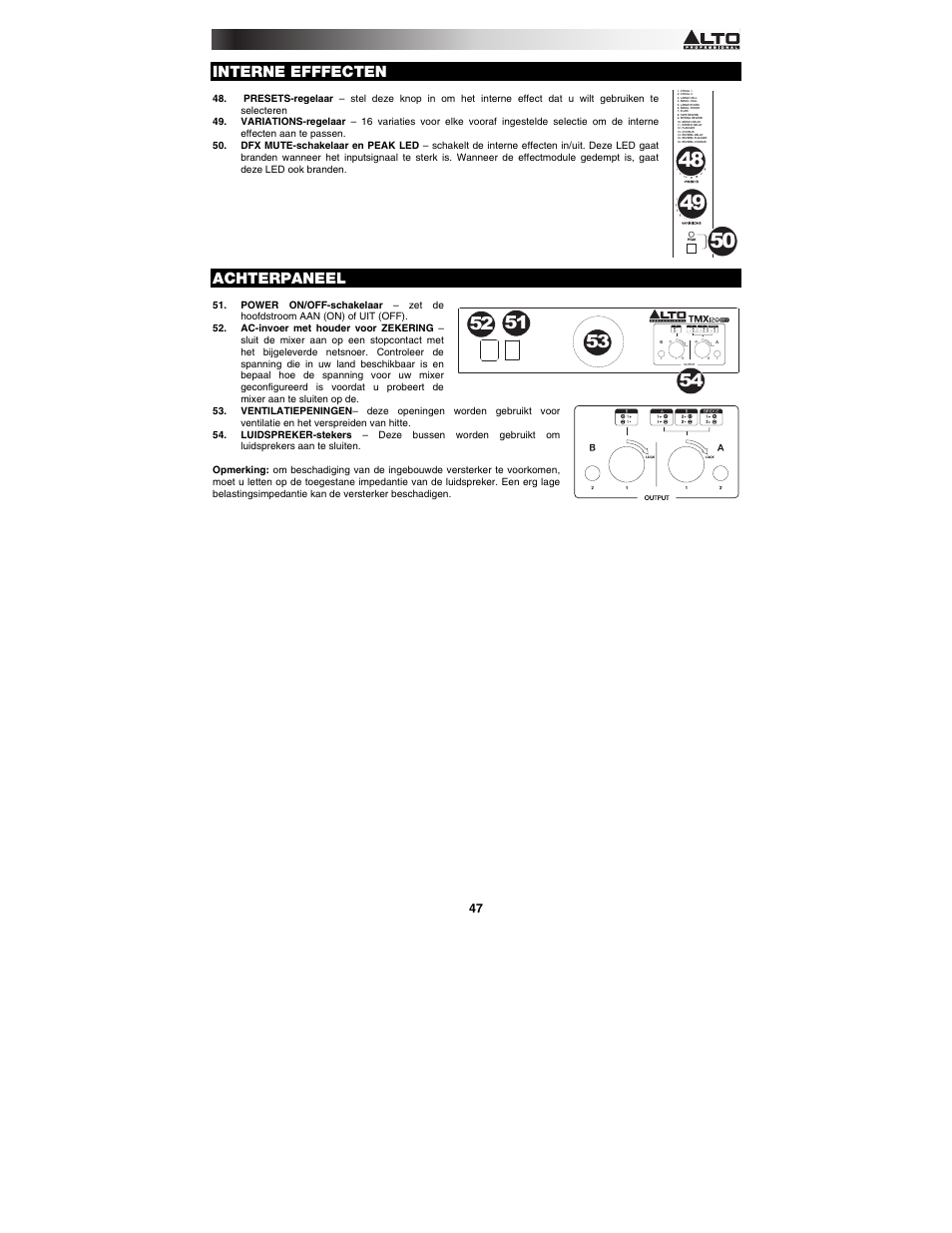 Interne efffecten, Achterpaneel | Alto Professional TMX120DFX User Manual | Page 47 / 52