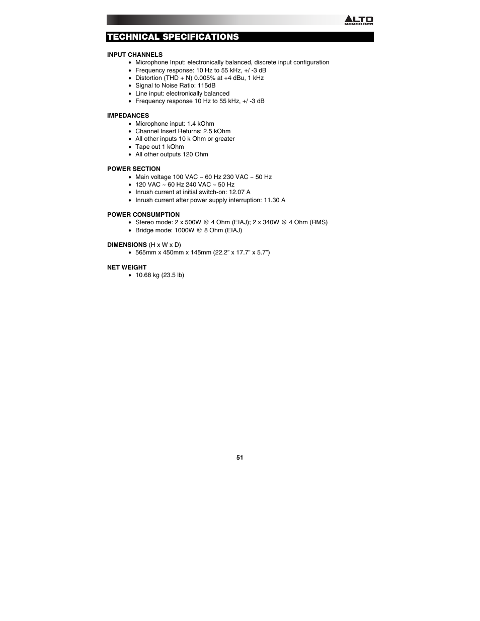 Technical specifications | Alto Professional TMX120DFX User Manual | Page 51 / 52