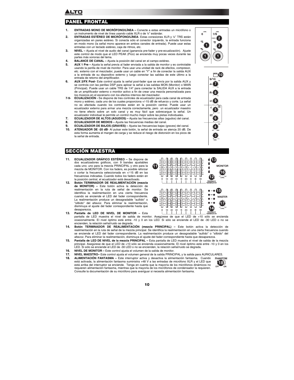 Panel frontal, Sección maestra | Alto Professional RMX1008DFX User Manual | Page 10 / 44