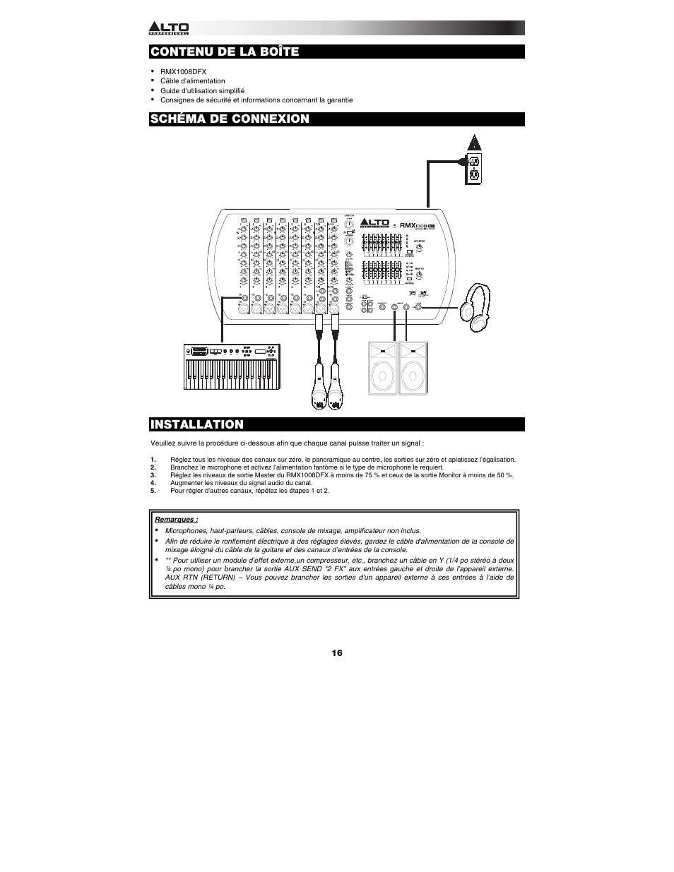 Contenu de la boîte, Schéma de connexion, Installation | Alto Professional RMX1008DFX User Manual | Page 16 / 44