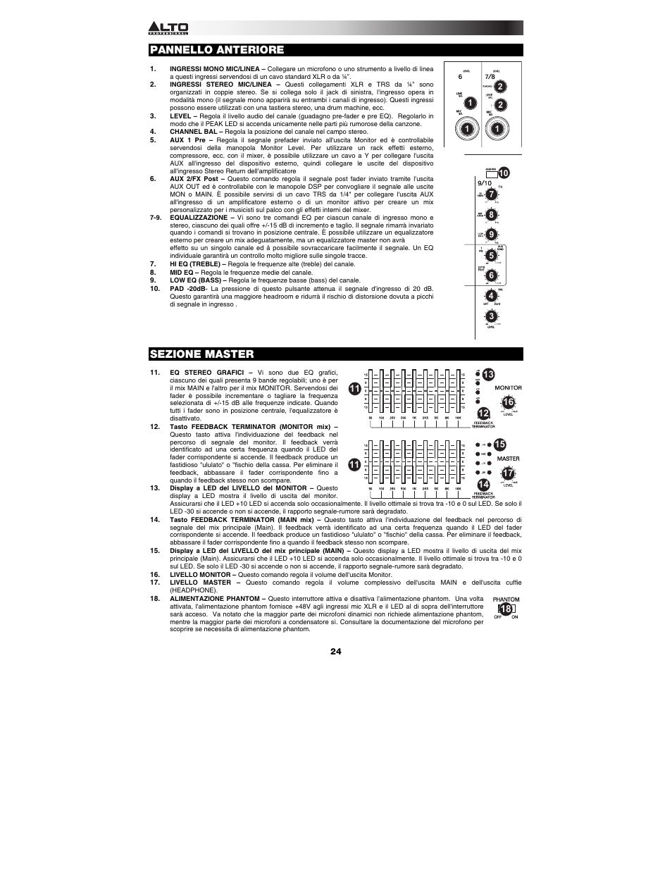 Pannello anteriore, Sezione master | Alto Professional RMX1008DFX User Manual | Page 24 / 44