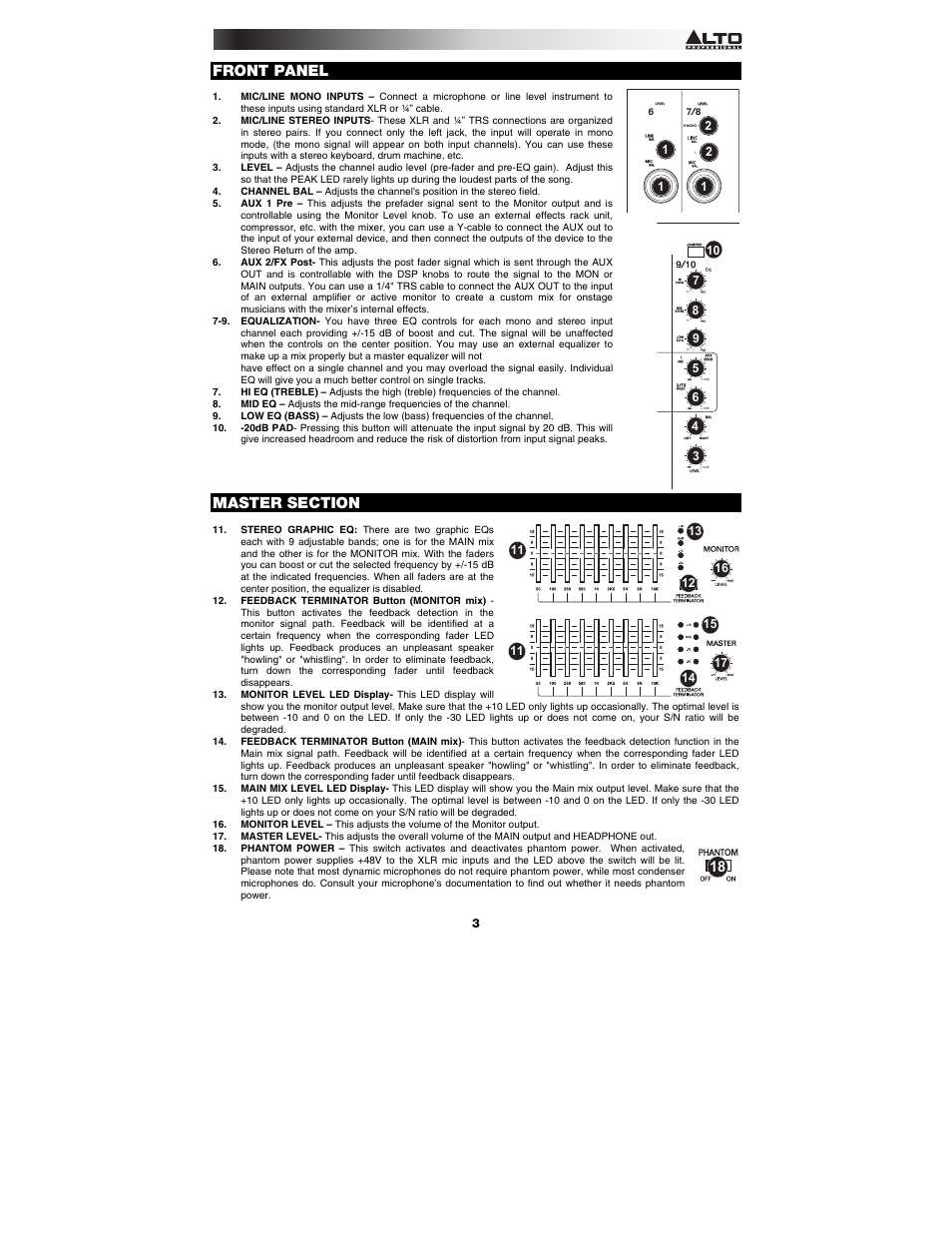 Front panel | Alto Professional RMX1008DFX User Manual | Page 3 / 44