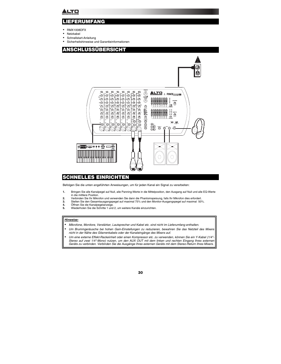 Lieferumfang, Anschlussübersicht, Schnelles einrichten | Alto Professional RMX1008DFX User Manual | Page 30 / 44