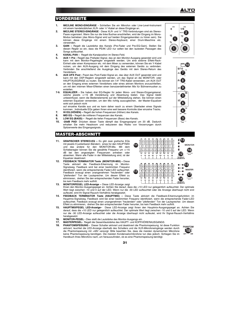 Vorderseite, Master-abschnitt | Alto Professional RMX1008DFX User Manual | Page 31 / 44