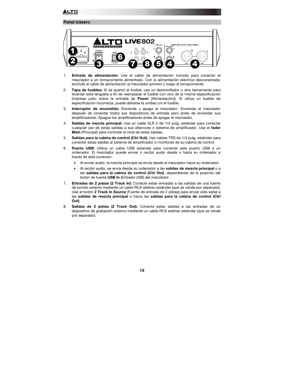 Panel trasero | Alto Professional Live 802 User Manual | Page 12 / 36