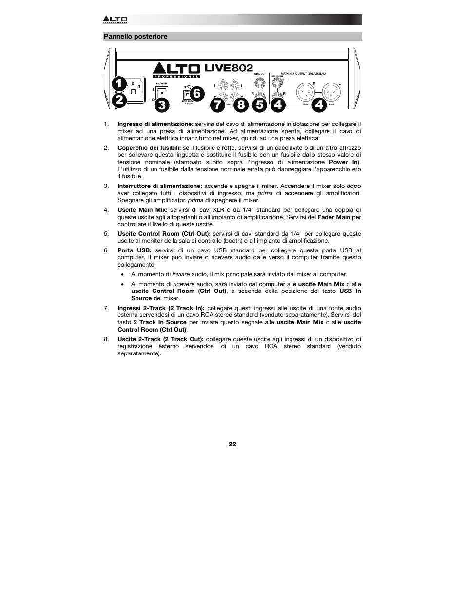Pannello posteriore | Alto Professional Live 802 User Manual | Page 22 / 36