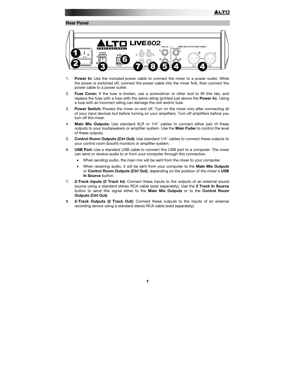 Rear panel | Alto Professional Live 802 User Manual | Page 7 / 36
