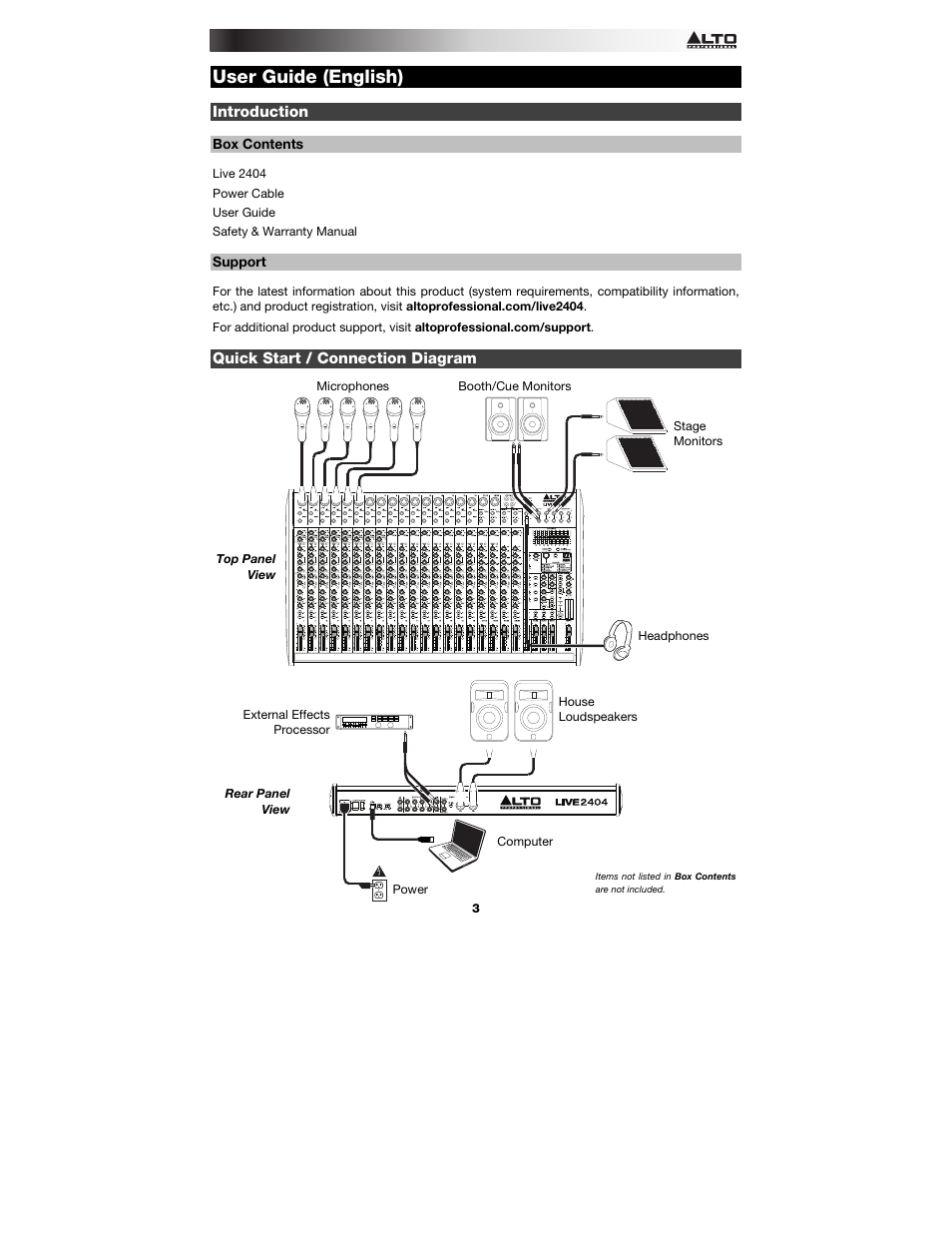 User guide (english), Introduction, Box contents | Support, Quick start / connection diagram, User guide, English ( 3 – 9 ) | Alto Professional Live 2404 User Manual | Page 3 / 48