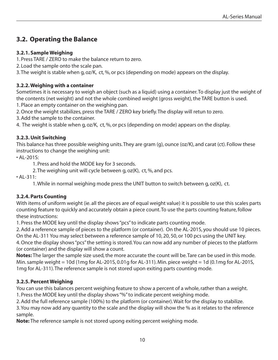Operating the balance | American Weigh Scales (AWS) AL-311 User Manual | Page 10 / 16