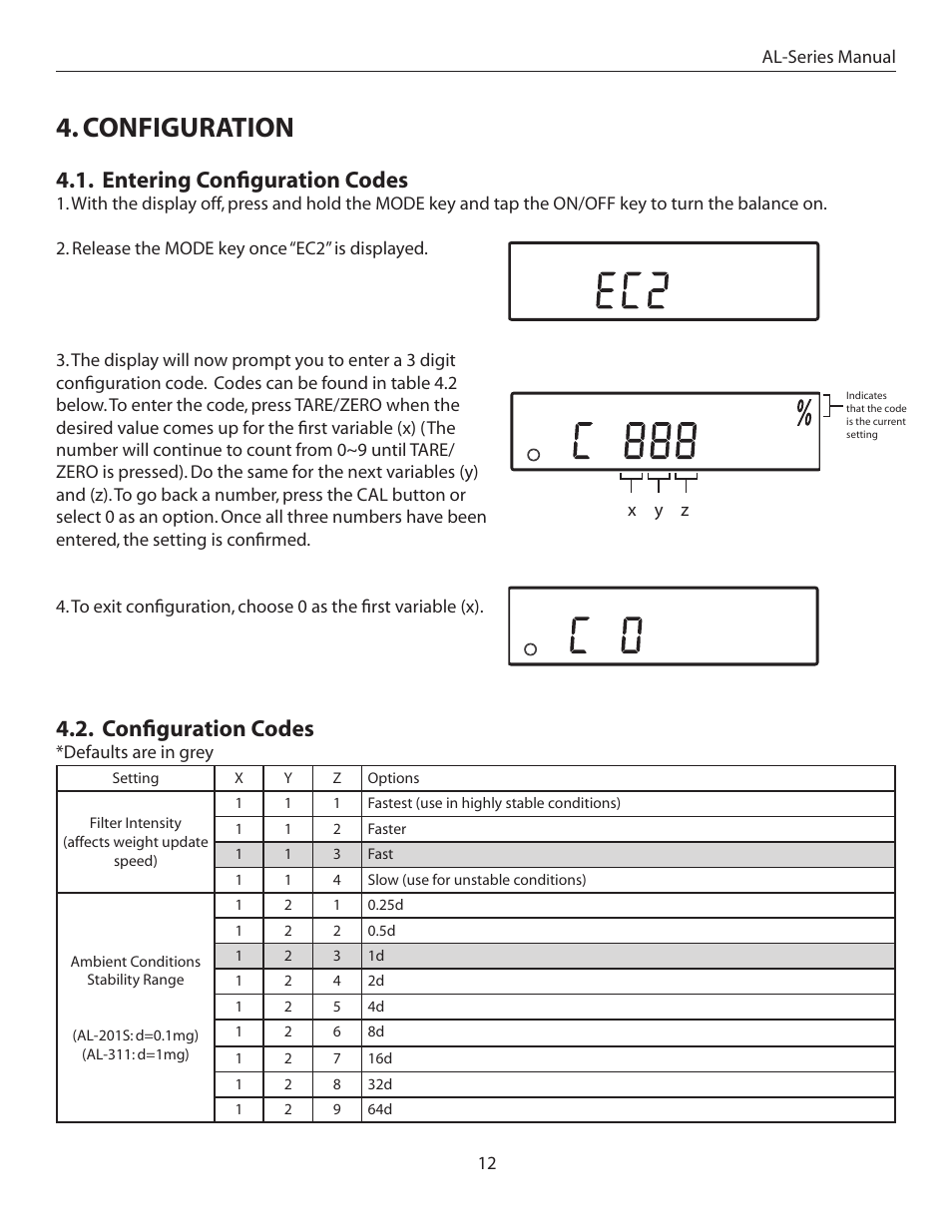 Configuration, Entering configuration codes, Configuration codes | American Weigh Scales (AWS) AL-311 User Manual | Page 12 / 16