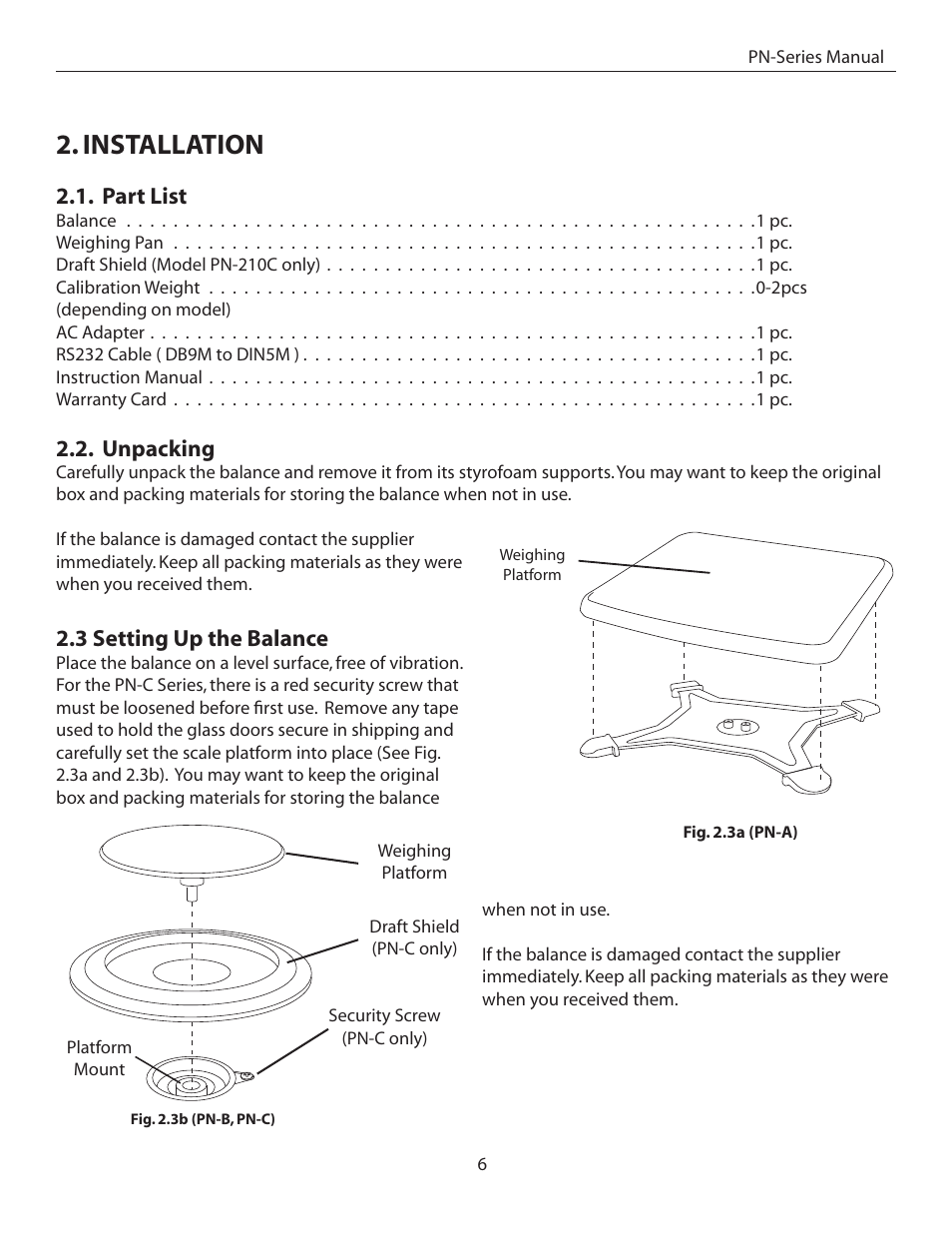 Installation, Part list, Unpacking | 3 setting up the balance | American Weigh Scales (AWS) PN-201C User Manual | Page 6 / 11