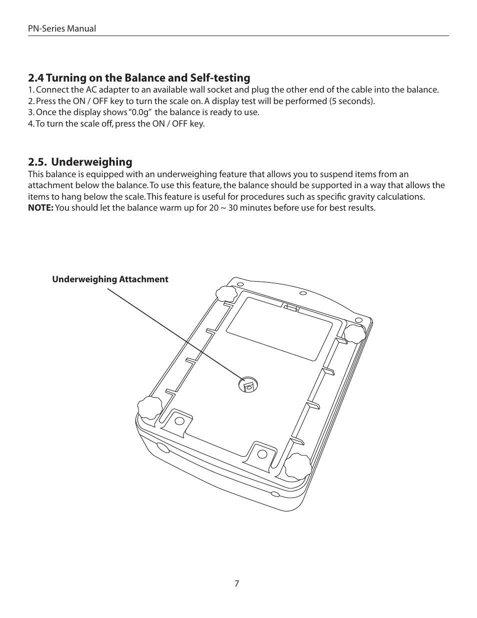 4 turning on the balance and self-testing, Underweighing | American Weigh Scales (AWS) PN-201C User Manual | Page 7 / 11