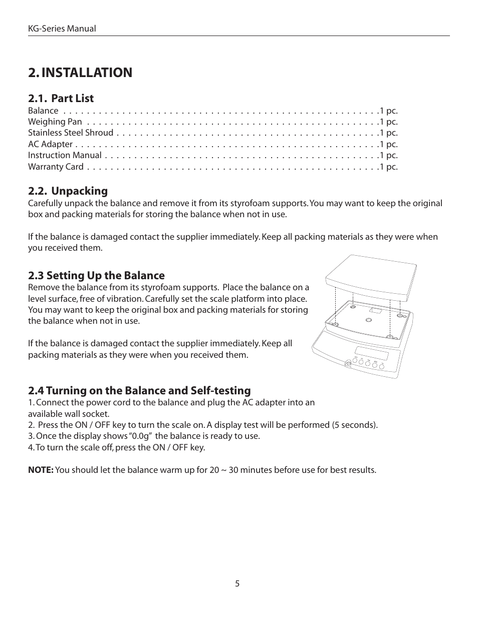 Installation, Part list, Unpacking | 3 setting up the balance, 4 turning on the balance and self-testing | American Weigh Scales (AWS) KG-10 User Manual | Page 5 / 9