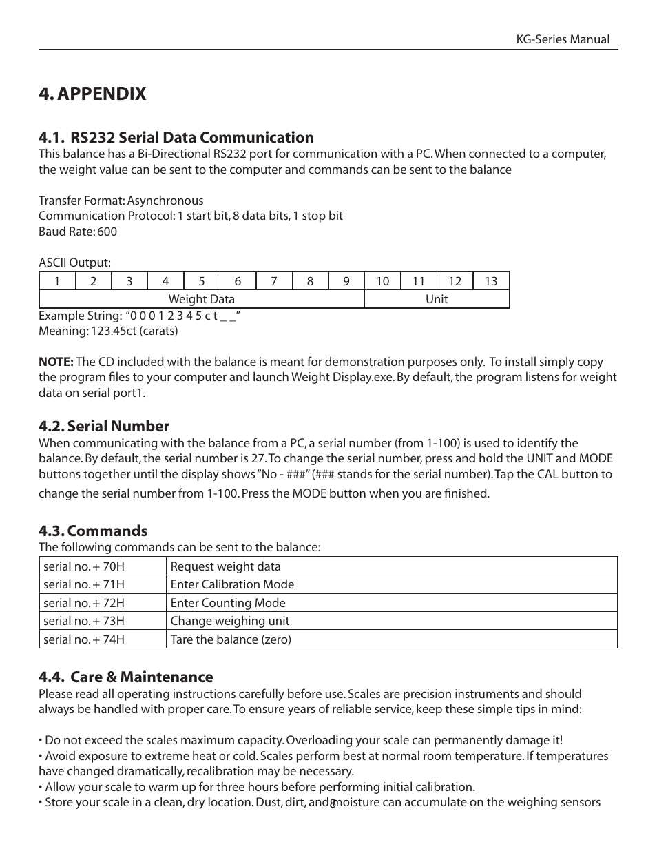 Appendix, Rs232 serial data communication, Serial number | Commands, Care & maintenance | American Weigh Scales (AWS) KG-10 User Manual | Page 8 / 9