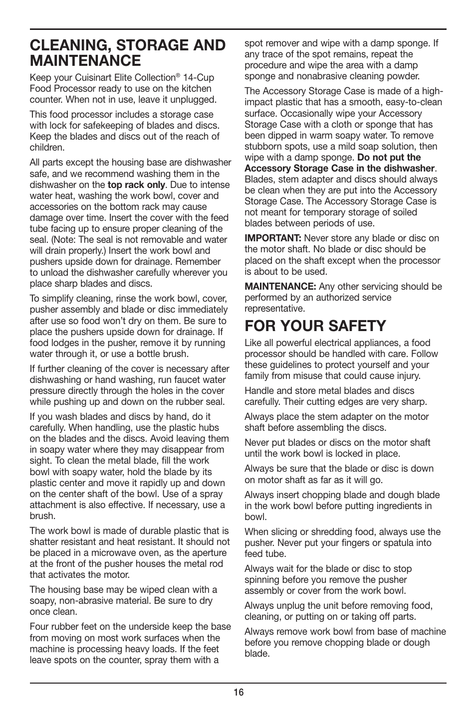 Cleaning, storage and maintenance, For your safety | Cuisinart FP-14 User Manual | Page 17 / 93