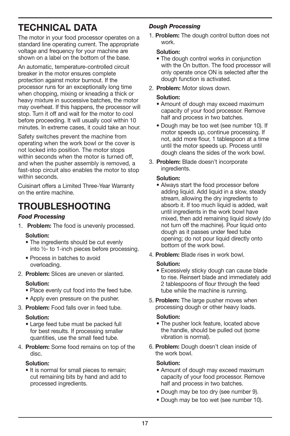 Technical data, Troubleshooting | Cuisinart FP-14 User Manual | Page 18 / 93
