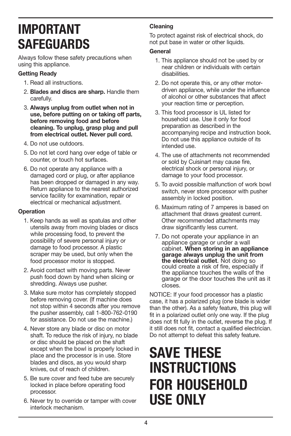 Save these instructions for household use only, Important safeguards | Cuisinart FP-14 User Manual | Page 5 / 93