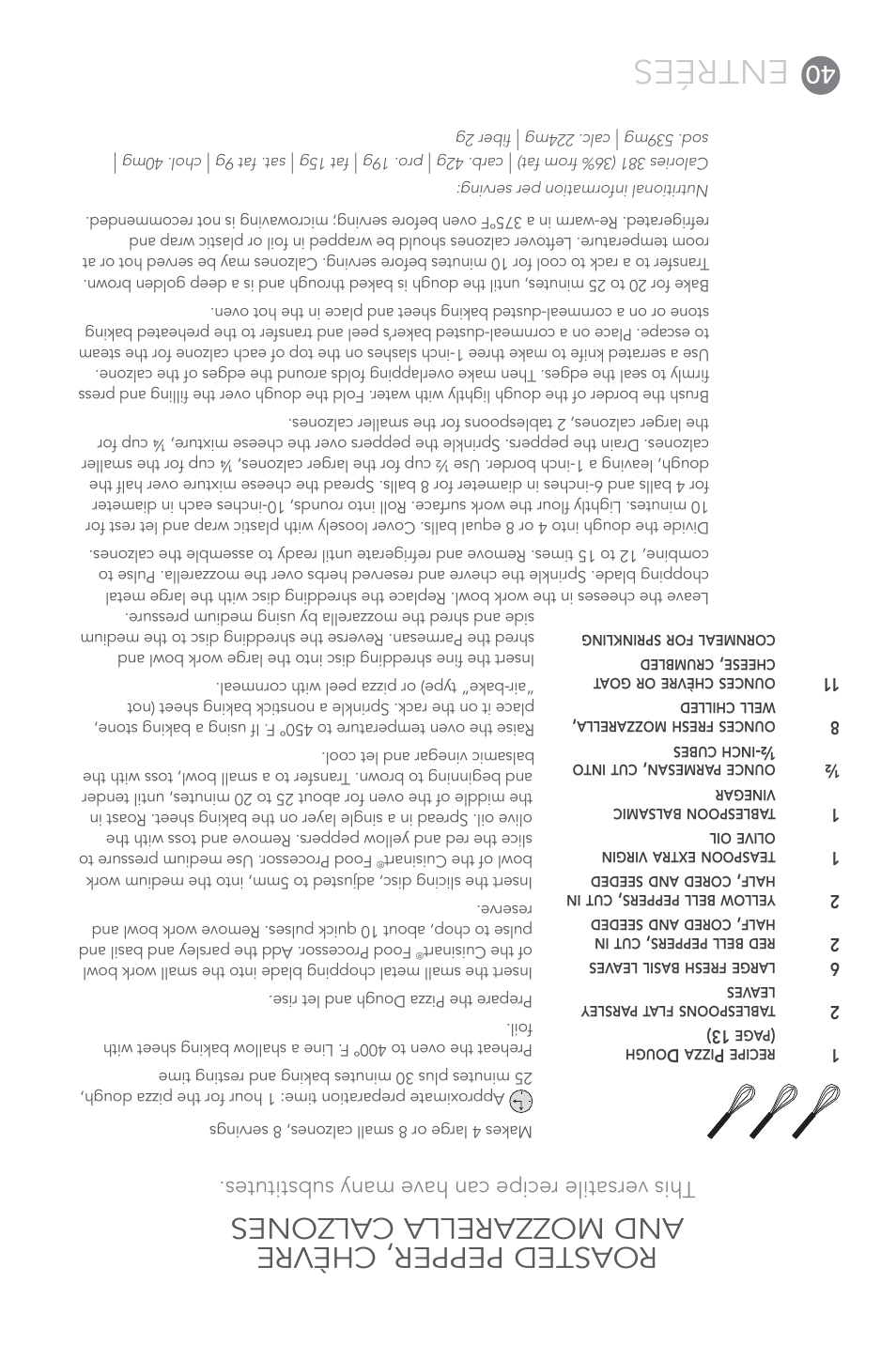 Entrées, Roasted pepper, chèvre and mozzarella calzones, This versatile recipe can have many substitutes | Cuisinart FP-14 User Manual | Page 53 / 93