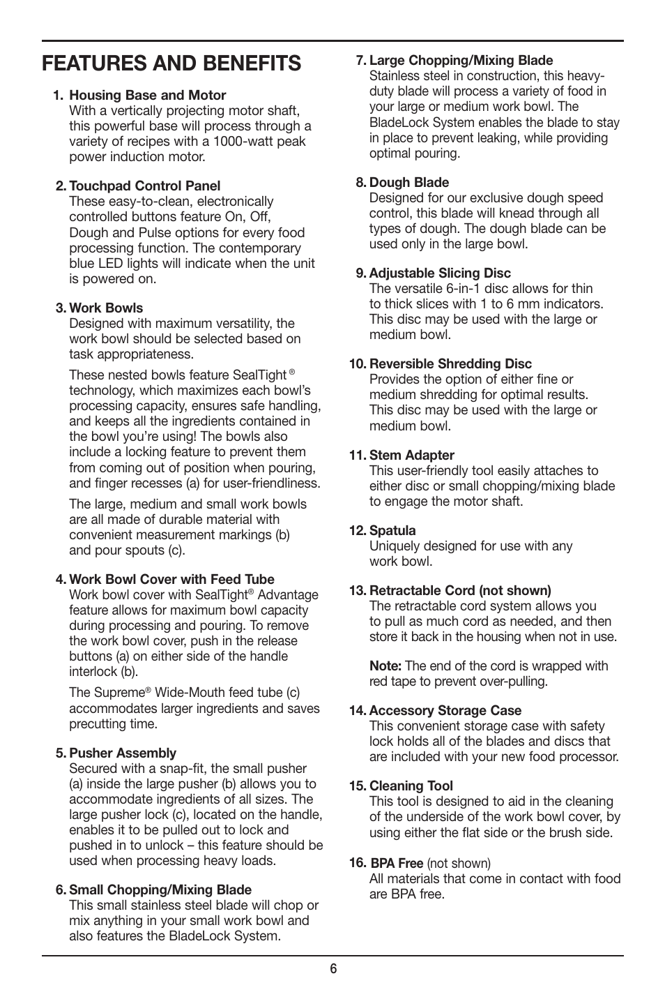 Features and benefits | Cuisinart FP-14 User Manual | Page 7 / 93