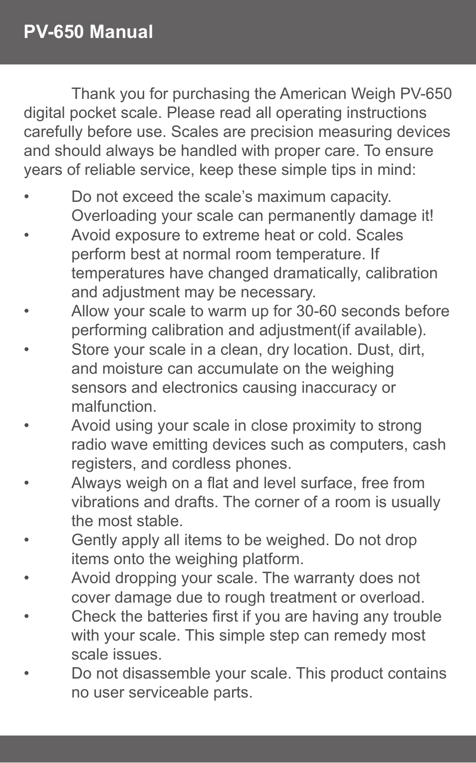 American Weigh Scales (AWS) PV-650 User Manual | Page 2 / 6
