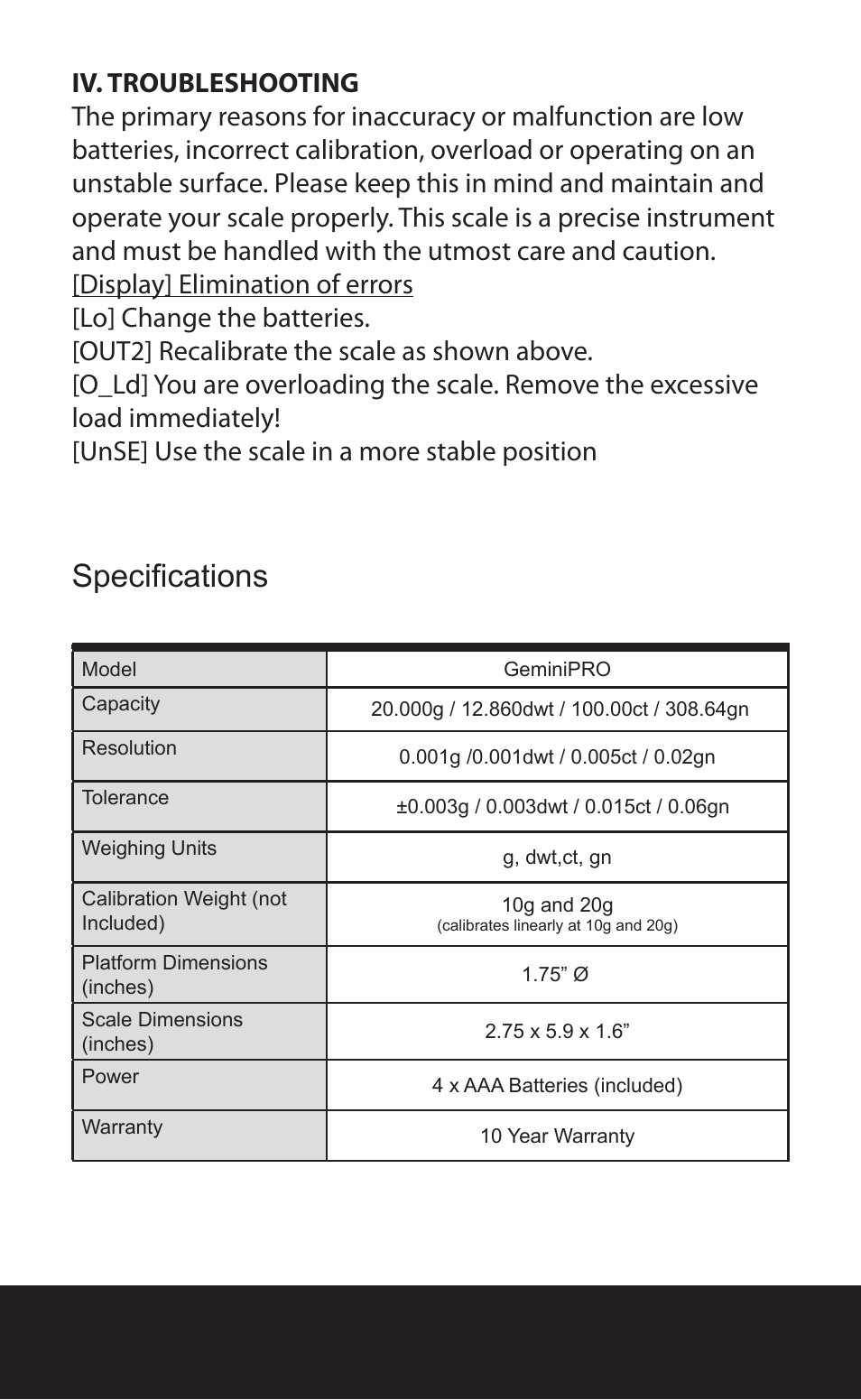 Specifications | American Weigh Scales (AWS) GeminiPRO User Manual | Page 4 / 5