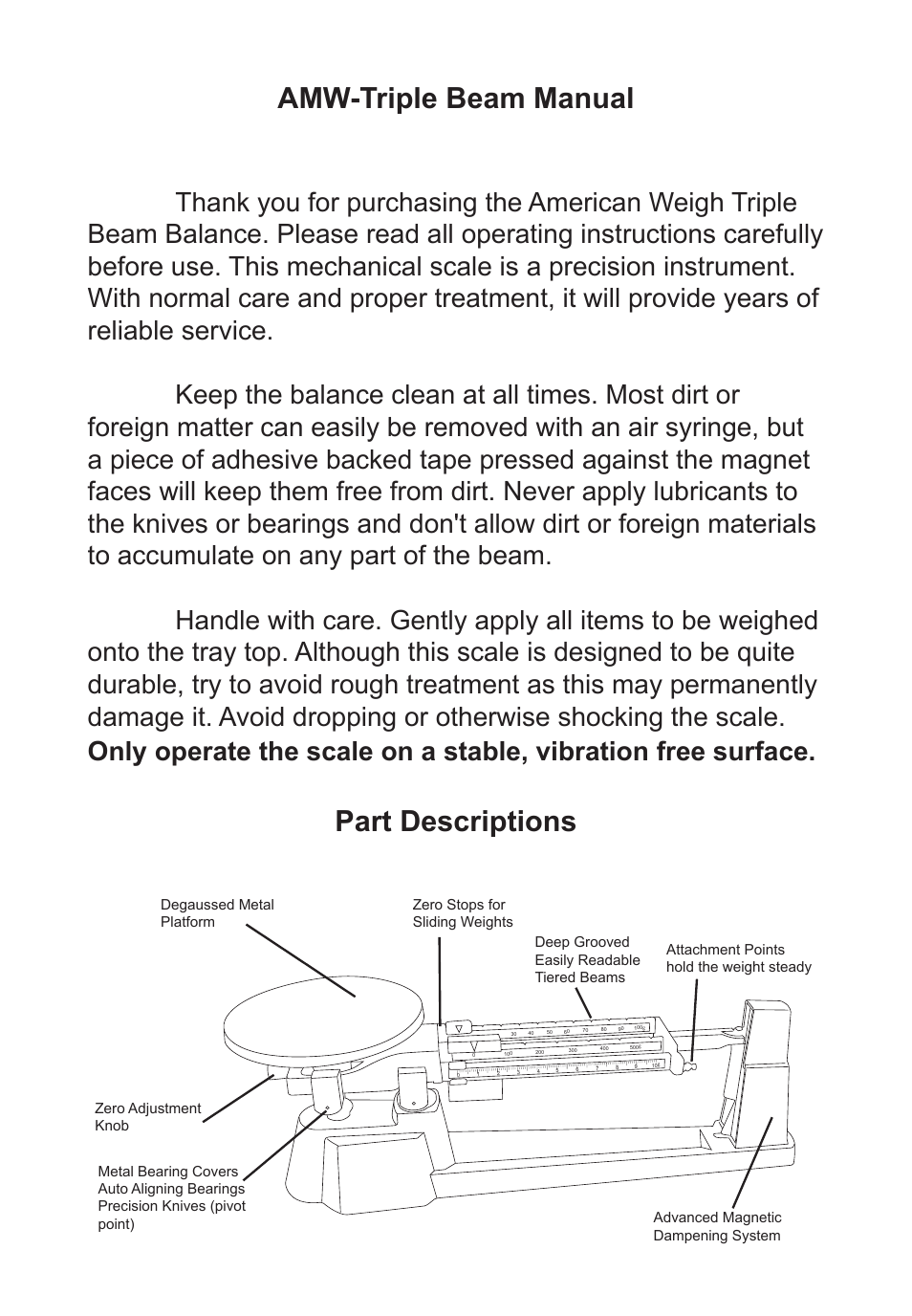 Amw-triple beam manual, Part descriptions | American Weigh Scales (AWS) TB-2610 User Manual | Page 2 / 5