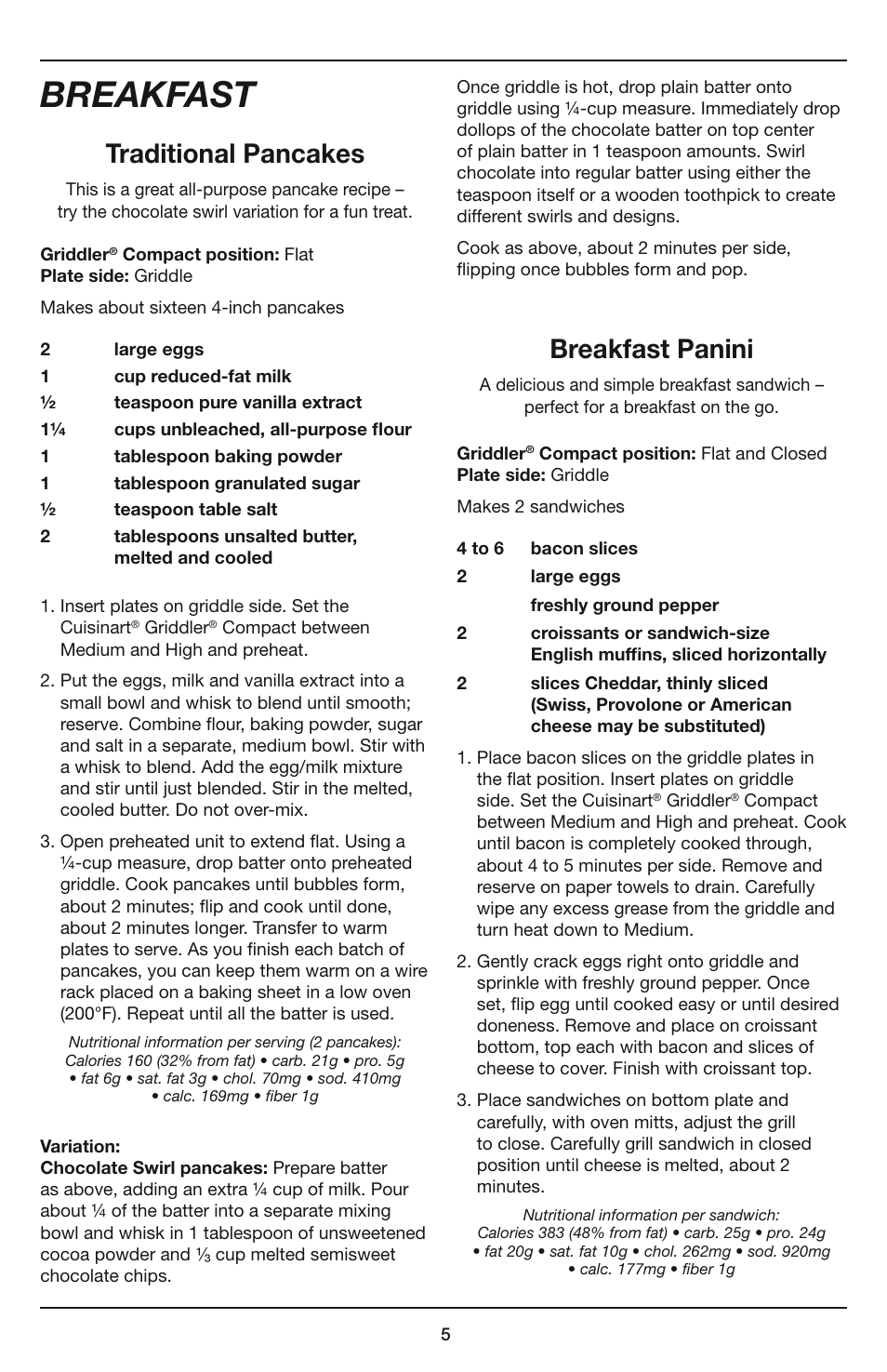 Breakfast, Traditional pancakes, Breakfast panini | Cuisinart COMPACT GR-35 User Manual | Page 14 / 23