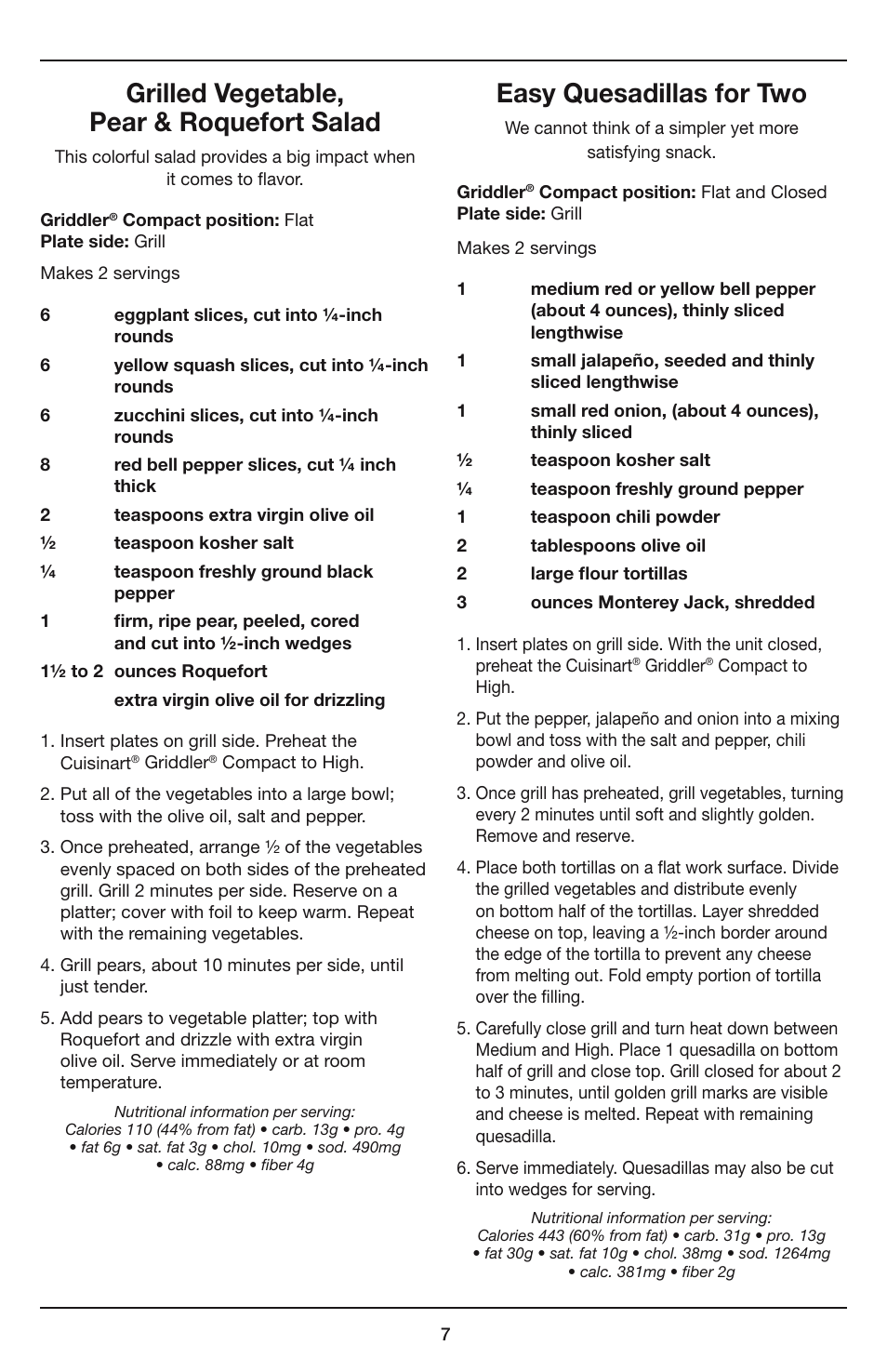 Grilled vegetable, pear & roquefort salad, Easy quesadillas for two | Cuisinart COMPACT GR-35 User Manual | Page 16 / 23