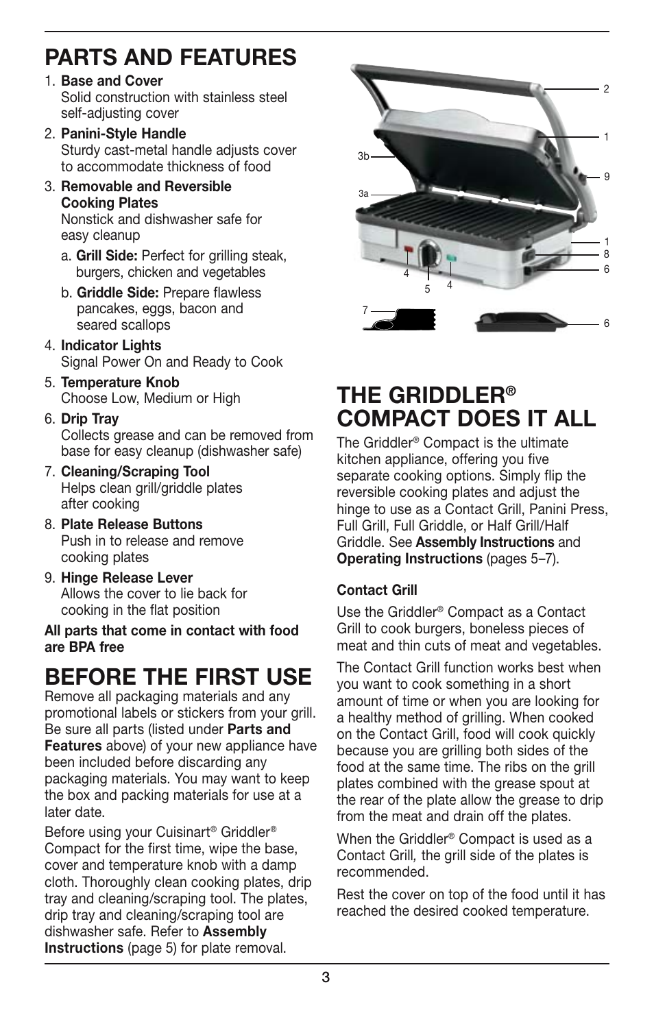 Parts and features, Before the first use, The griddler | Compact does it all | Cuisinart COMPACT GR-35 User Manual | Page 3 / 23
