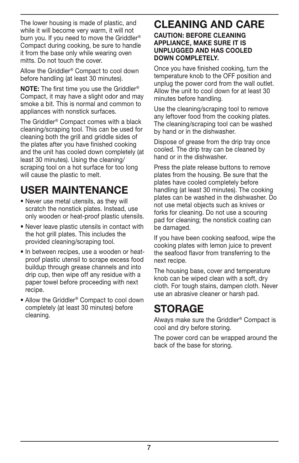 User maintenance, Cleaning and care, Storage | Cuisinart COMPACT GR-35 User Manual | Page 7 / 23