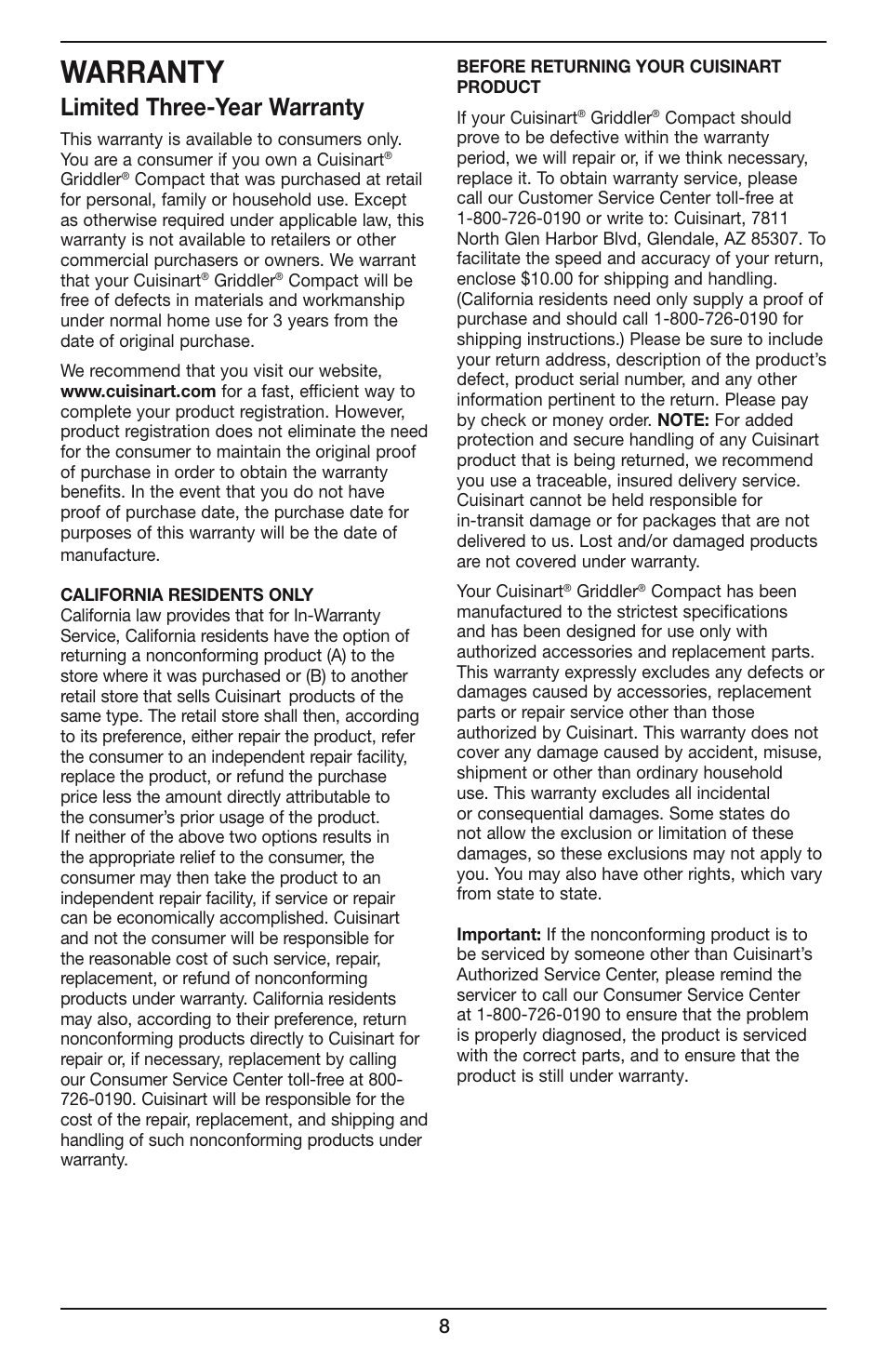 Warranty, Limited three-year warranty | Cuisinart COMPACT GR-35 User Manual | Page 8 / 23