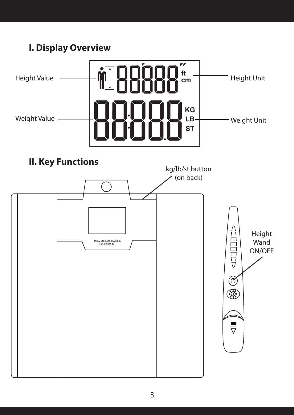 I. display overview ii. key functions, Ft cm kg lb st | American Weigh Scales (AWS) 330HRS User Manual | Page 3 / 6